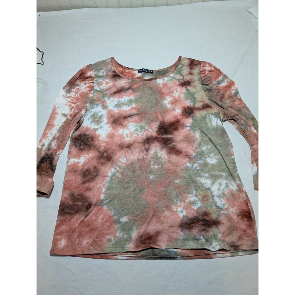 Kim & Cami Womens XL Tie Dye Long Sleeve Crew Neck Puff Shoulder Top Earth Tones